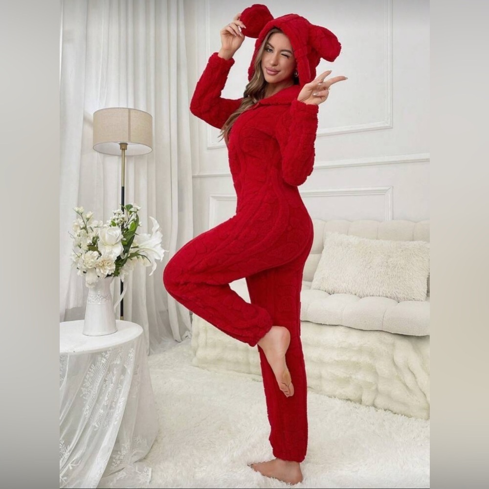 Red Plush Full Pajamas with Ears, Size L, New with Label (NWT) - Picture 4 of 6